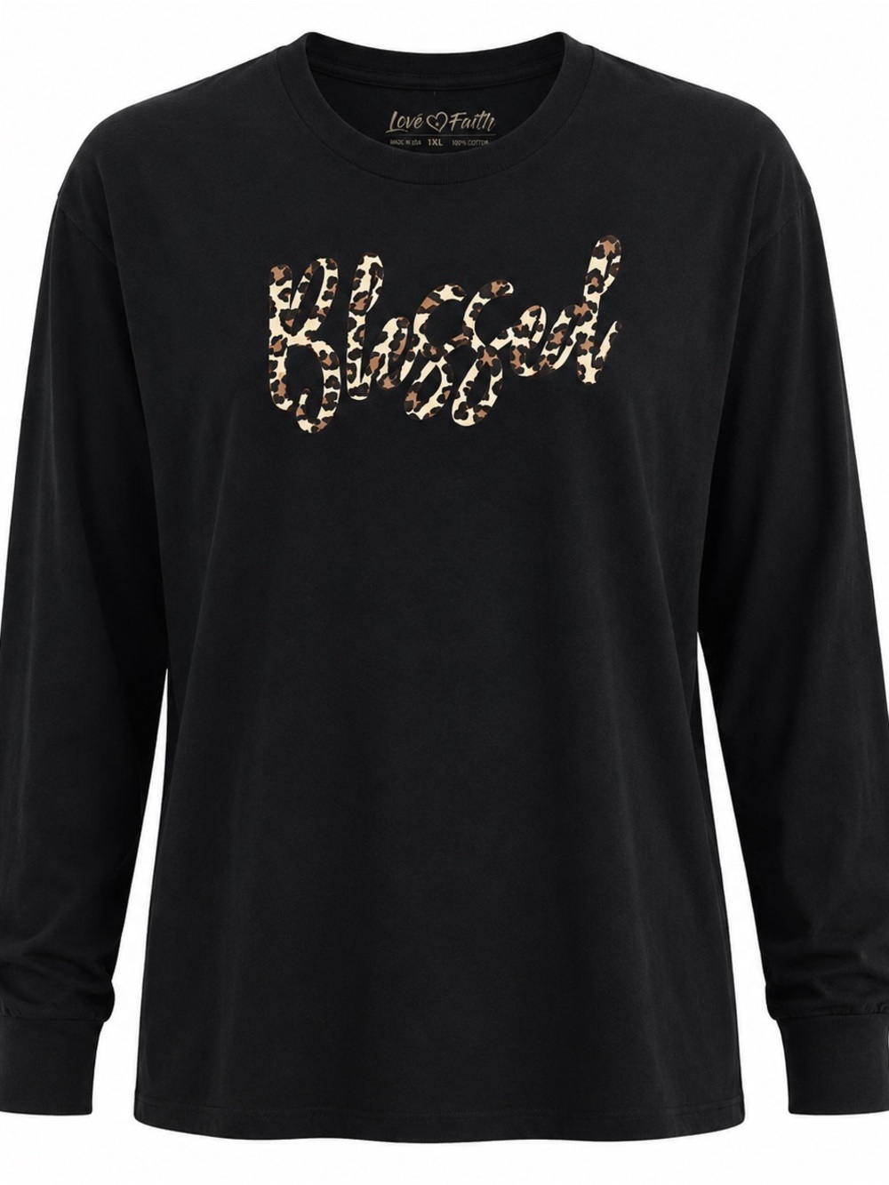 Blessed Leopard Print Long-Sleeve Shirt By Love Faith XL Black Cotton/Poly Blend